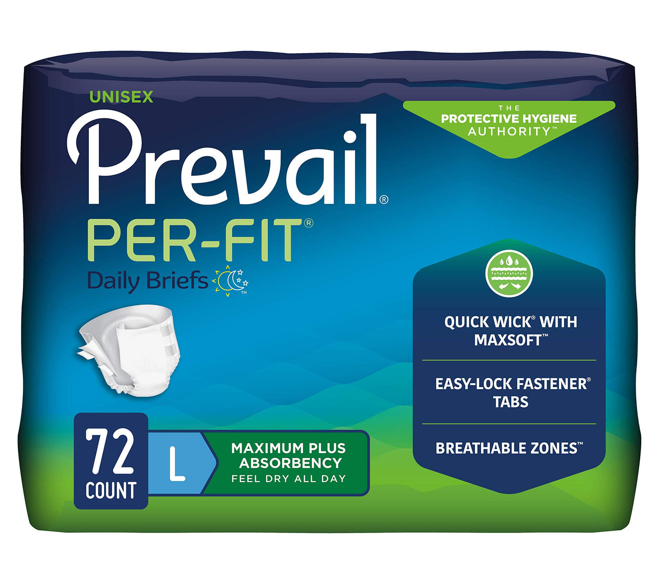 Prevail Proven | Large Per-Fit Incontinence Briefs with Tabs | Unisex | Maximum Plus Absorbency | 72 Count