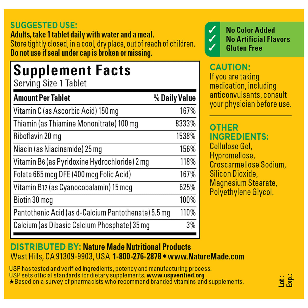 Nature Made Super B Complex with Vitamin C and Folic Acid, Dietary Supplement for Immune Support, 250 Tablets, 250 Day Supply
