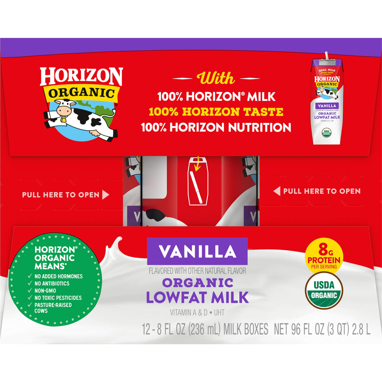 Horizon Organic Shelf Stable 1% Lowfat Vanilla Milk Boxes, 8 fl oz, 12 Count - 8g Protein per Serving, USDA Organic UHT from Pasture-Raised Cows, Ready to Drink for Lunchbox, Travel, or On-the-Go, No Refrigeration Needed