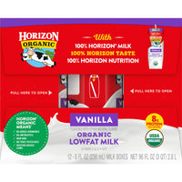 Thumbnail for Horizon Organic Shelf Stable 1% Lowfat Vanilla Milk Boxes, 8 fl oz, 12 Count - 8g Protein per Serving, USDA Organic UHT from Pasture-Raised Cows, Ready to Drink for Lunchbox, Travel, or On-the-Go, No Refrigeration Needed