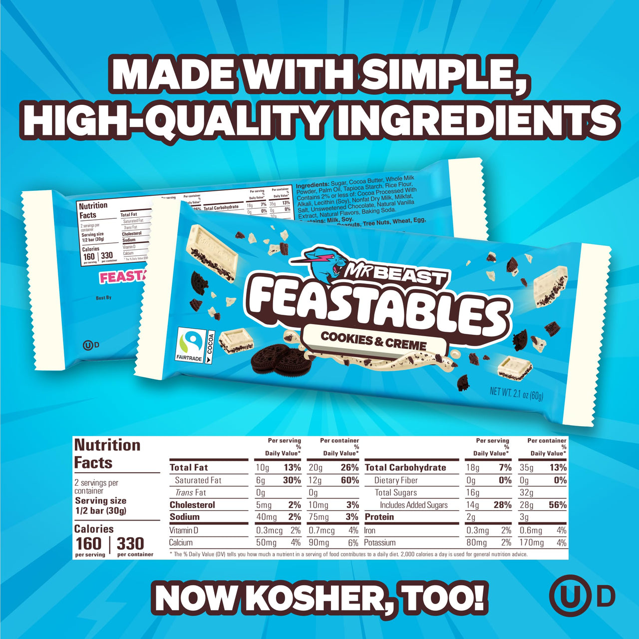 MrBeast Feastables Cookies & Creme Chocolate Bar, King Size, 10 Count, White Chocolate with Cookie Pieces, Fairtrade Cocoa, 2.1oz Each