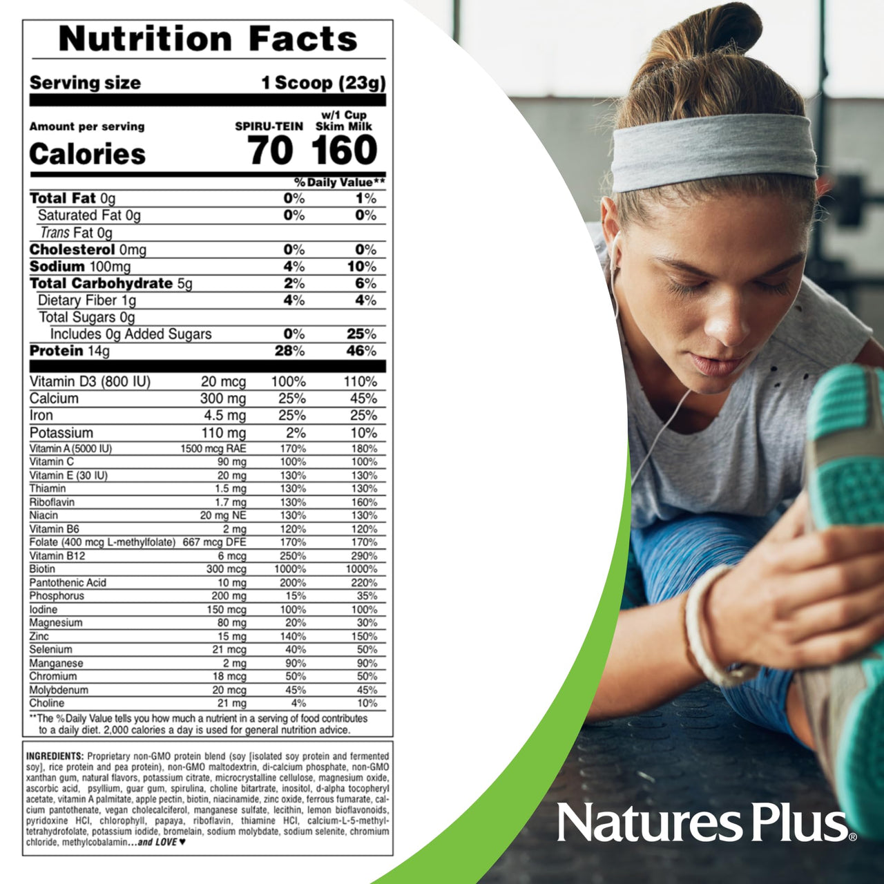 NaturesPlus SPIRU-TEIN Simply Natural, Original Vanilla - 1.63 lb - Unsweetened Plant-Based Protein Shake - 32 Servings
