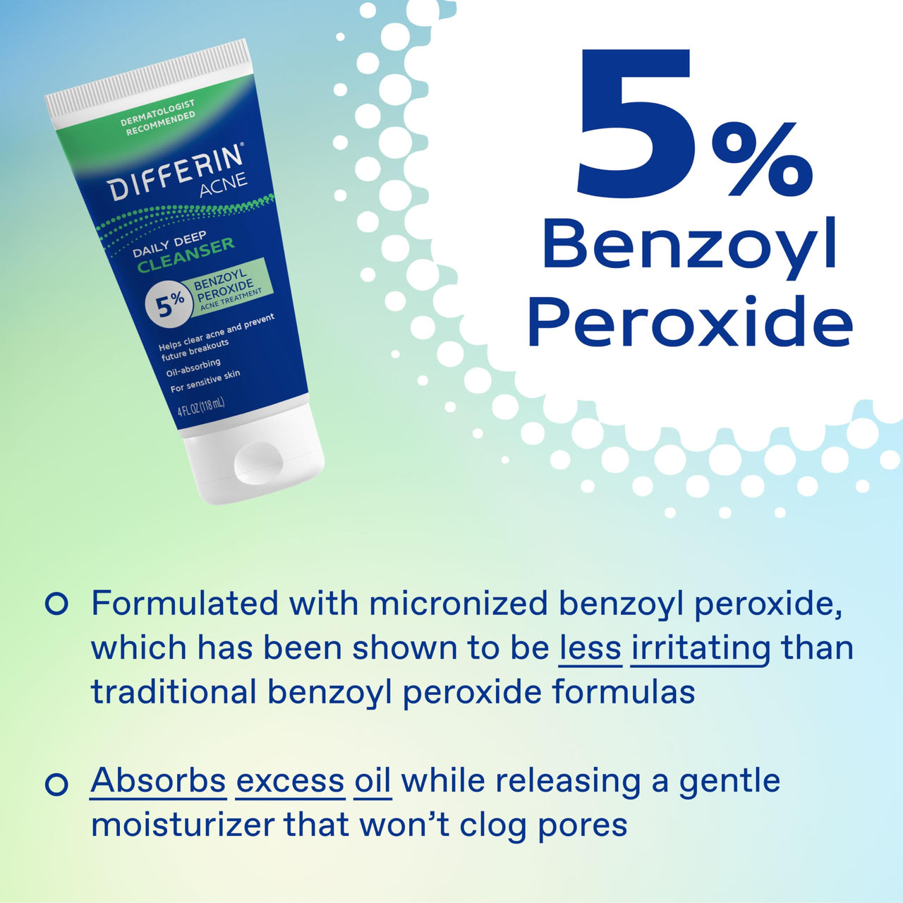 Differin Acne Face Wash with 5% Benzoyl Peroxide, Daily Deep Cleanser by the makers of Differin Gel, Gentle Skin Care for Acne Prone Sensitive Skin, 4 oz (Packaging May Vary)