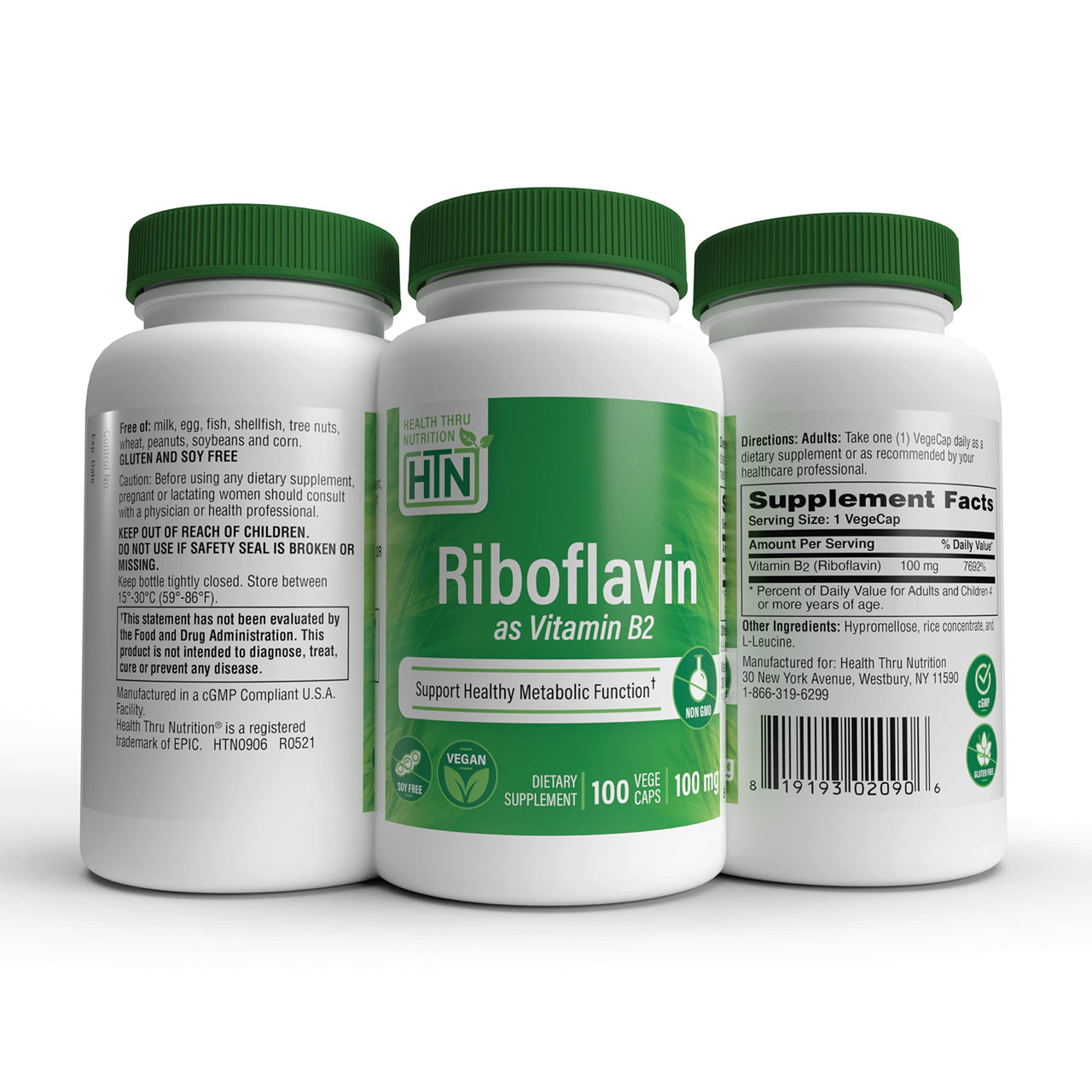 Health Thru Nutrition Riboflavin 100mg Vitamin B2 100 Vegecaps | Supports Healthy Energy Metabolic Function & Nervous System | 3rd Party Tested | Non-GMO Soy & Gluten Free Hypoallergenic