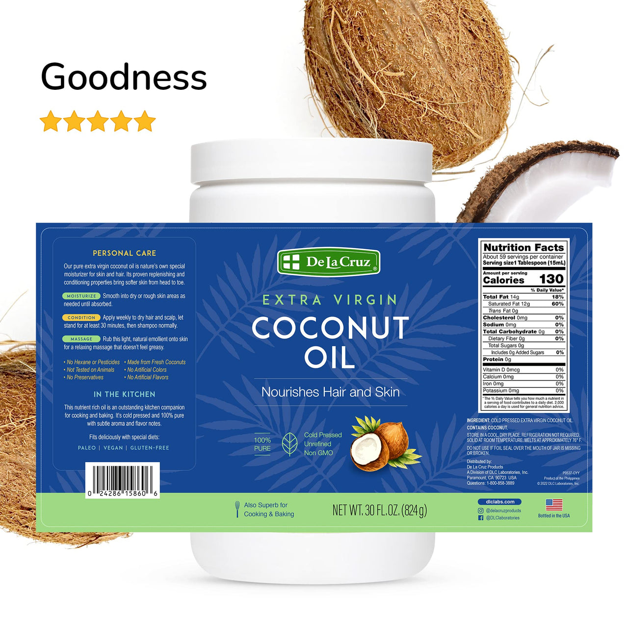De La Cruz Extra Virgin Coconut Oil - 100% Pure for Skin and Hair - Cooking - Multipurpose, Unrefined and Cold Pressed - 30 Fl OZ