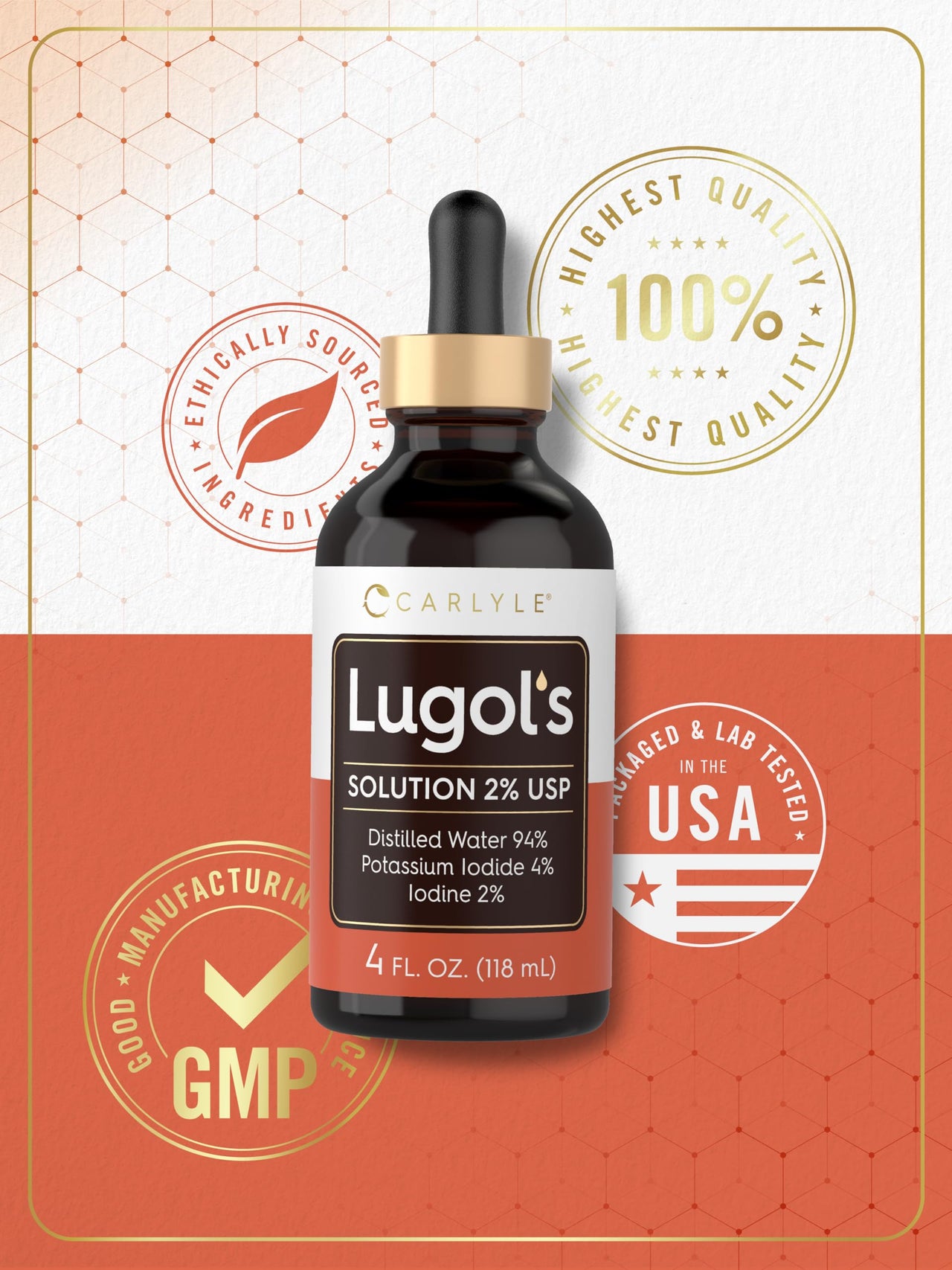 Carlyle Lugols Iodine 2 Percent | 4 fl oz (Pack of 1) | Potassium Iodide and Iodine Solution 2% Liquid Drops