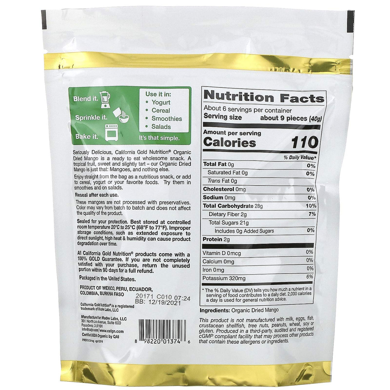 Organic Dried Mango Slices, Ready to Eat, USDA Certified Organic, No Preservatives, No Added Flavors, 8 oz (227 g)