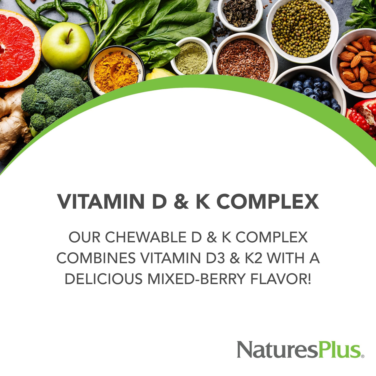 NaturesPlus D & K Complex - 60 Mixed Berry Chewables - Supports Calcium Metabolism - Vegetarian, Non-GMO, Gluten Free, Soy Free - 60 Servings
