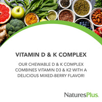 Thumbnail for NaturesPlus D & K Complex - 60 Mixed Berry Chewables - Supports Calcium Metabolism - Vegetarian, Non-GMO, Gluten Free, Soy Free - 60 Servings