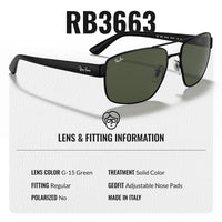 Thumbnail for Ray-Ban RB3663 Square-Round Shaped Non-Polarized Sunglasses for Men – Includes Official RAYBAN Eyewear Kit – Ideal Formal & Casual Wear Sunglasses – G-15 Green Lens