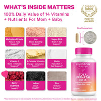 Thumbnail for Pink Stork Total Prenatal Vitamins with DHA, Folate, Iron, Choline, and Vitamin B12 - Prenatals for Women to Support Fetal Development, Pregnancy Essentials, Berry Essence, 60 Capsules, 1 Month Supply