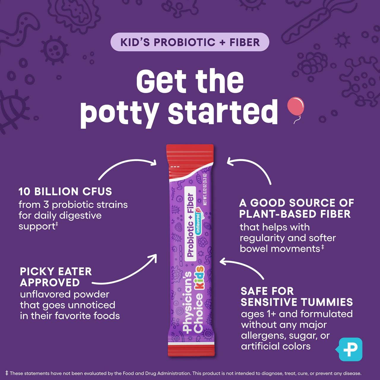 Physician's Choice Kids Probiotic + Prebiotic Fiber Packets (Ages 1+) - Supports Regularity, Occasional Constipation & A Healthy Digestive System - No Allergens or Preservatives - Unflavored - 24 Pack
