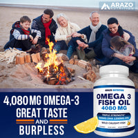 Thumbnail for Arazo Nutrition Wild Caught Omega-3 Fish Oil Concentrate – 4,080mg per Serving – High EPA 1200mg & DHA 900mg – 120 Burpless Lemon Softgels