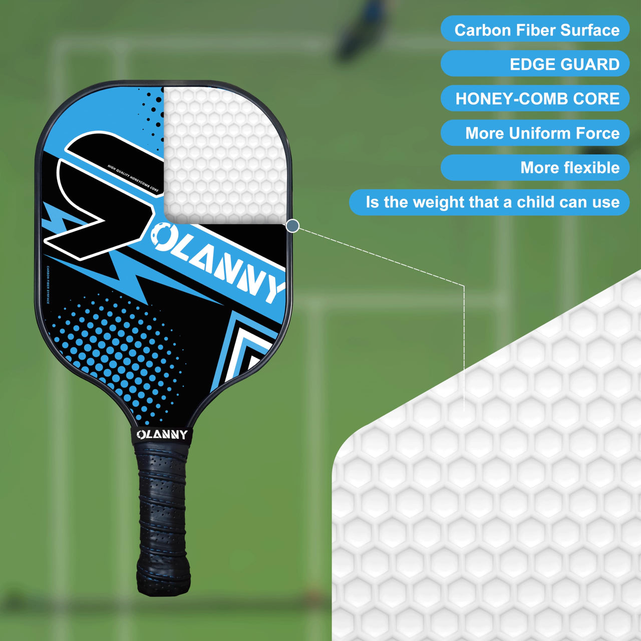 OLANNY Pickleball Paddles Set of 4 Pickleball Rackets Graphite Pickleball Set Polymer Honeycomb CoreLightweight Pickleball Set Includes 4 Pickleball Paddles + 4 Balls + 1 Pickleball Bag