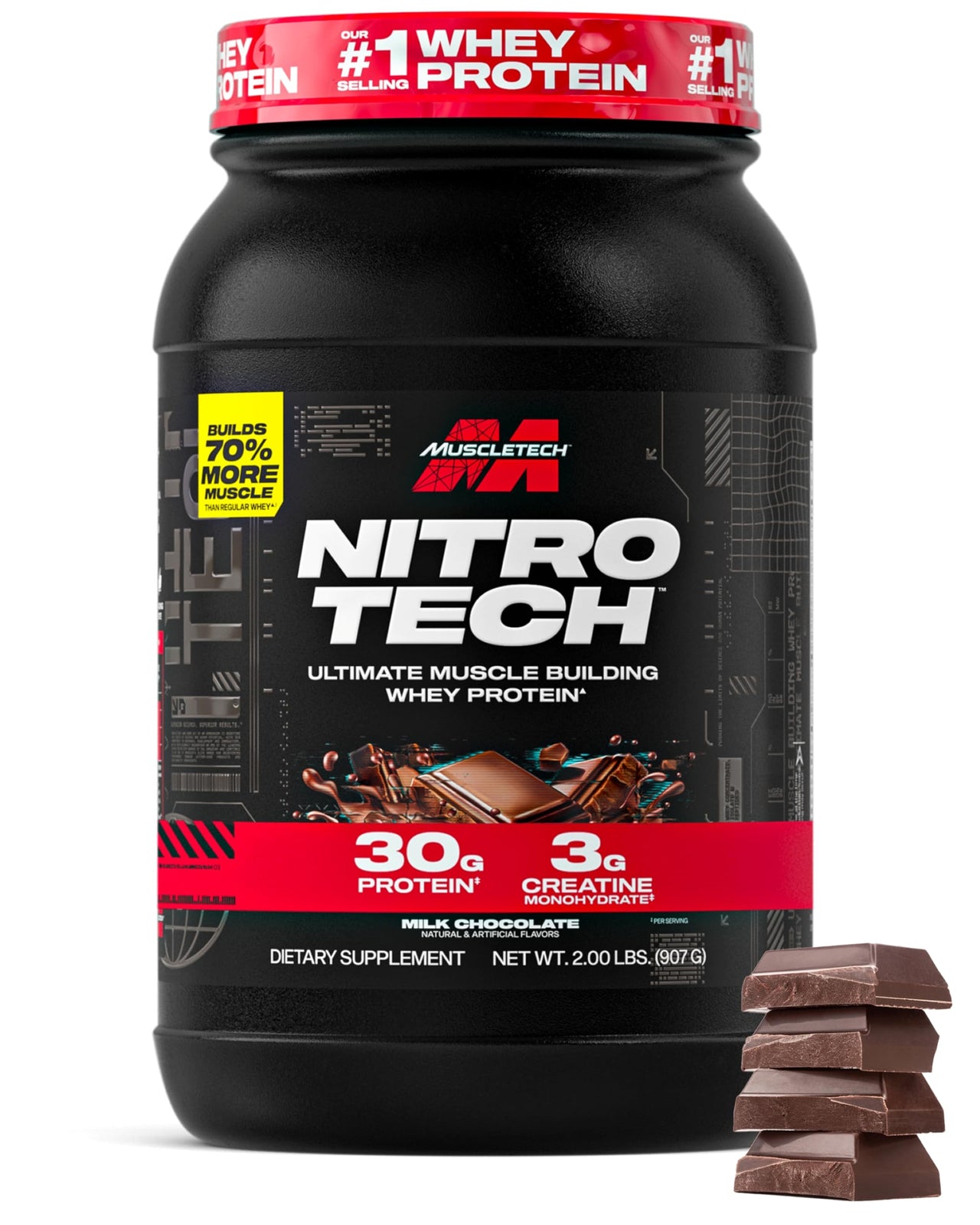 Muscletech Whey Protein Powder (Milk Chocolate, 2 Pound) - Nitro-Tech Ultimate Muscle Building Formula with Whey Protein Isolate & Peptides - 30g of Protein, 3g of Creatine & 6.8g of BCAA