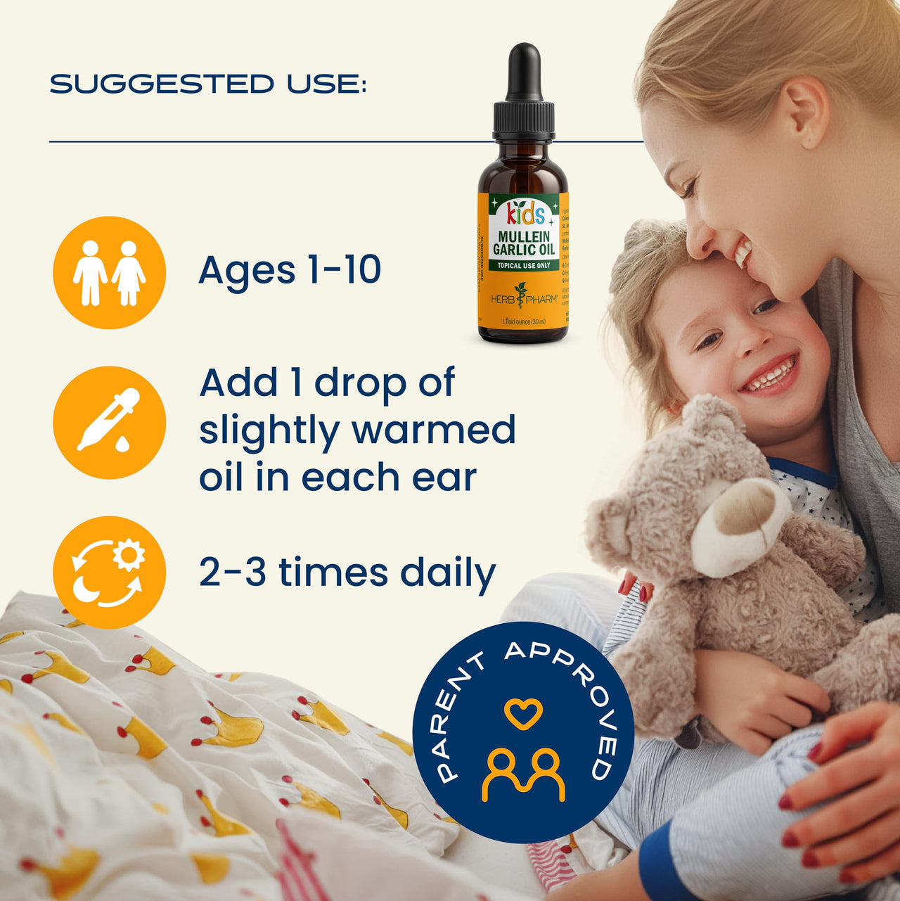 Herb Pharm Kids Mullein Garlic Ear Oil: Alcohol-Free Herbal Ally for Kids, Made with Certified Organic Mullein, Certified Organic Garlic, & USDA Organic Calendula, Topical Use Only, for Children, 1 oz
