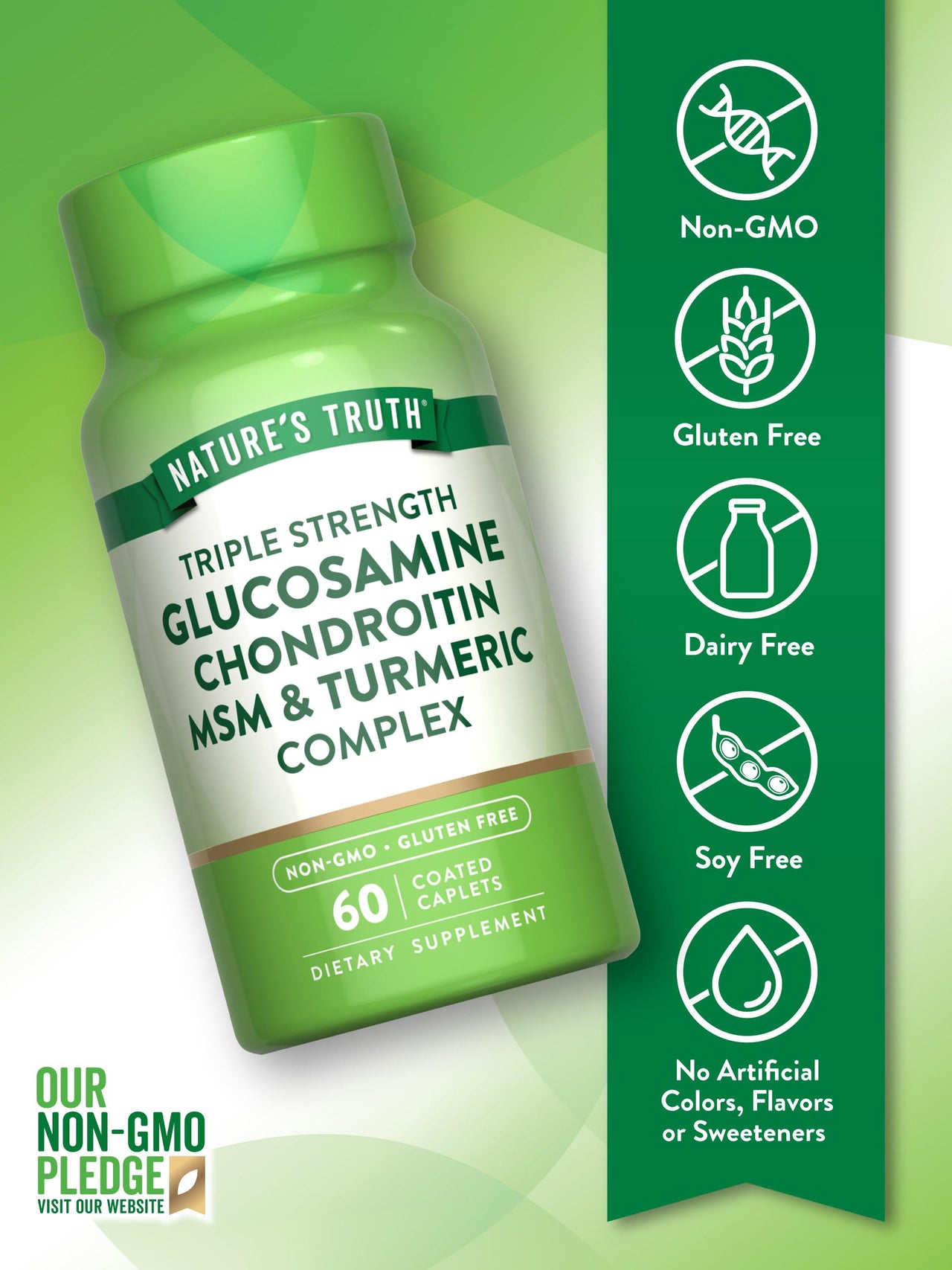 Nature's Truth Glucosamine Chondroitin MSM Complex | 60 Caplets | with Turmeric | Triple Strength Formula | Non-GMO and Gluten Free Supplement