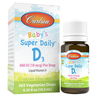 Thumbnail for Carlson - Baby's Super Daily D3, Baby Vitamin D Drops, 400 IU (10 mcg) per Drop, 1-Year Supply, Vegetarian, Liquid Vitamin D Drops for Infants and Toddlers, Unflavored, 365 Drops