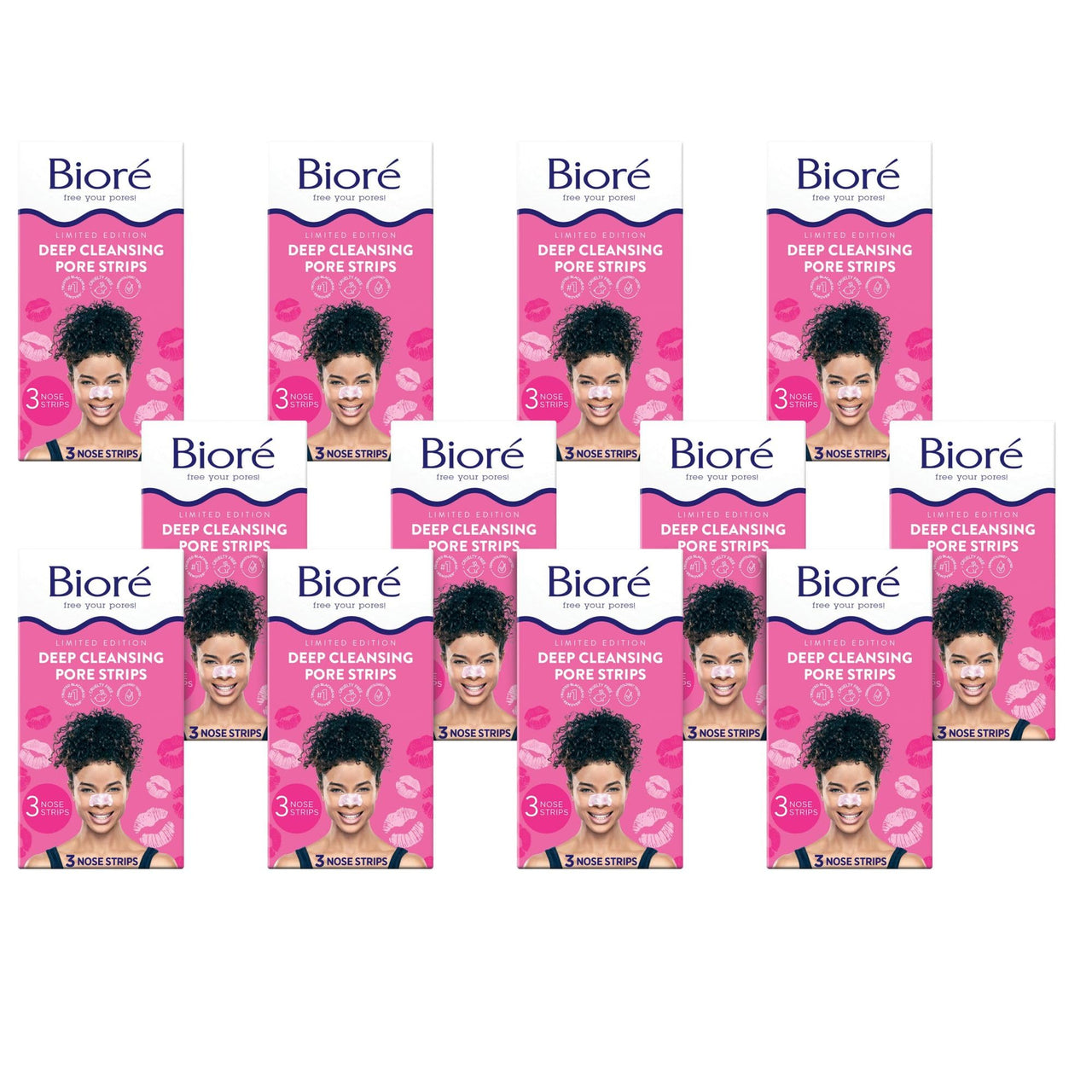 BiorÃƒÂ© Kiss Designer Pore Strips, Nose Strips for Blackhead Removal, Features C-Bond Technology with Instant Pore Unclogging, 3 Count, Pack of 12