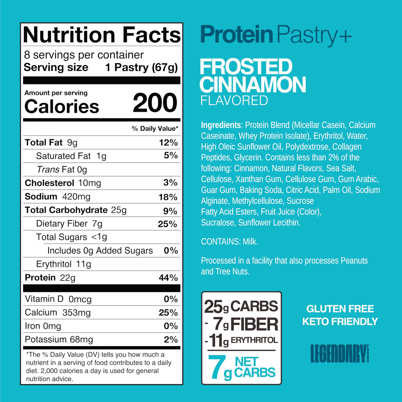 Legendary Foods 22g Protein Pastry 0g Added Sugar, Low Carb, Gluten Conscious, Keto Snack, Ideal for Glucose Management, Includes Whey Protein Isolate, 8 Pack Frosted Cinnamon