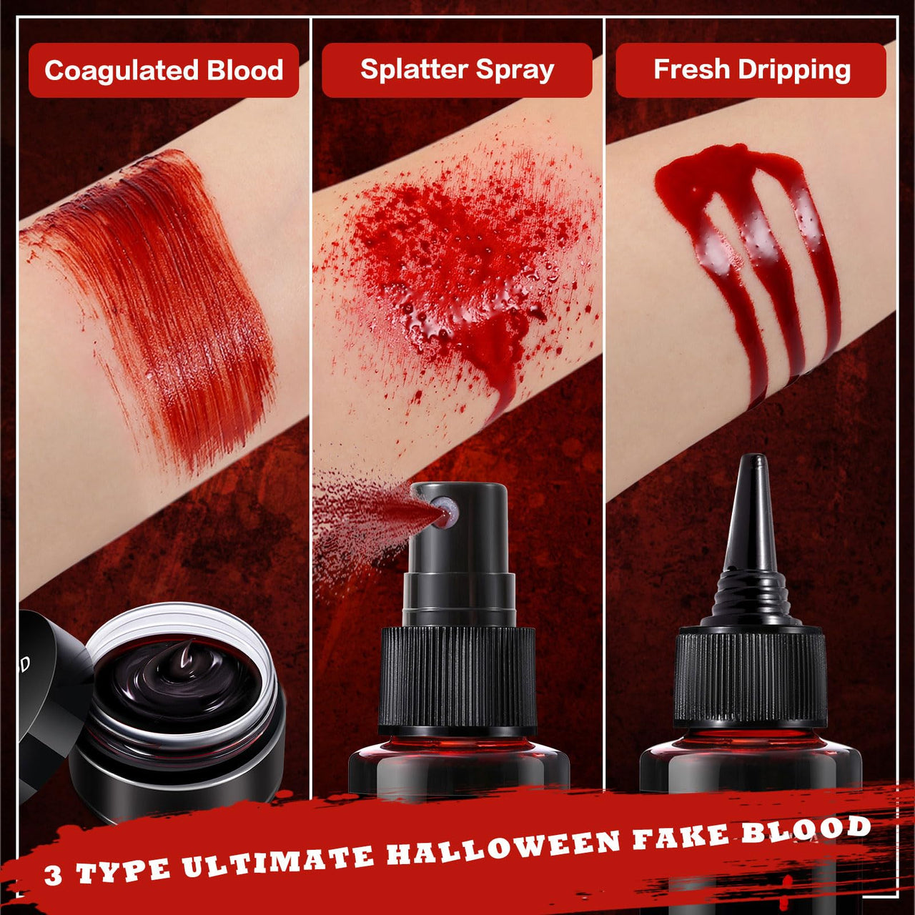 BOBISUKA 5PCS Halloween Fake Blood Kit – Dripping Fresh Blood, Dark Spray Blood, Coagulated Gel, Cleansing Soap, Stipple Sponge – Realistic Washable SFX Makeup for Zombie, Vampire Monster & Cosplay