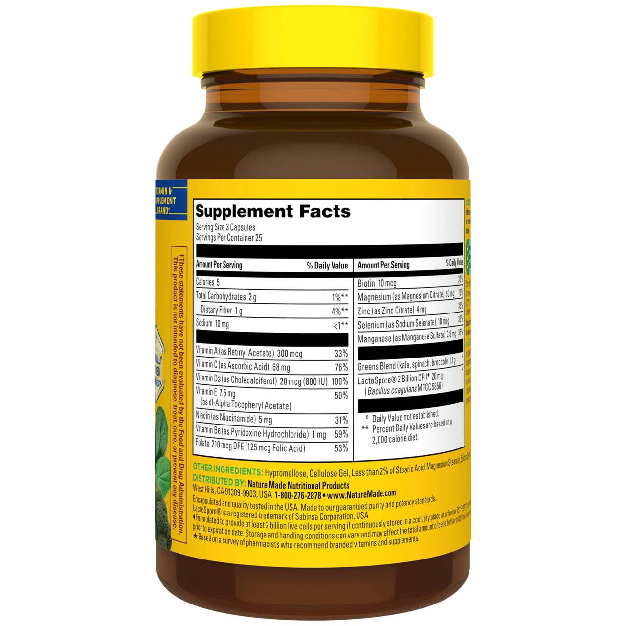Nature Made Super Greens with Probiotic Capsules, Made with 1/2 Cup Veggies Per Serving + Probiotics for Digestive Health, 75 Capsules, 25 Day Supply
