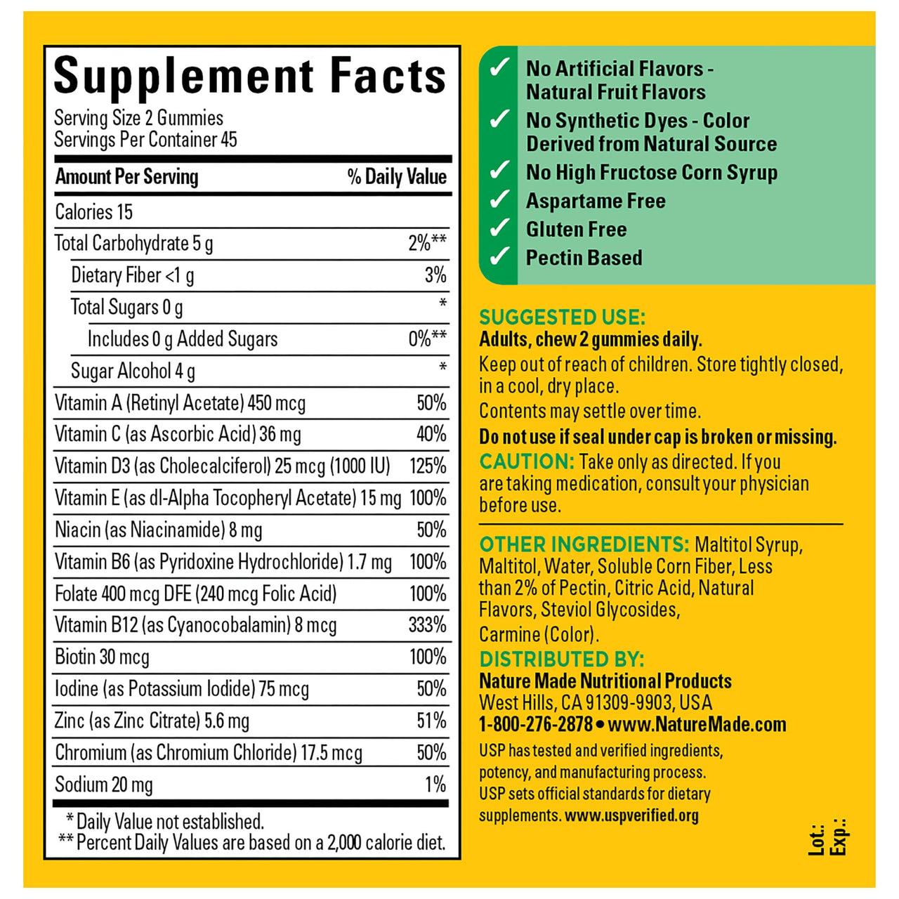 Nature Made Zero Sugar Multivitamin Gummies, Mens & Womens Multivitamins, Daily Nutritional Support Vitamin and Mineral Supplement, Aspartame Free, 90 Gummies, 45 Day Supply