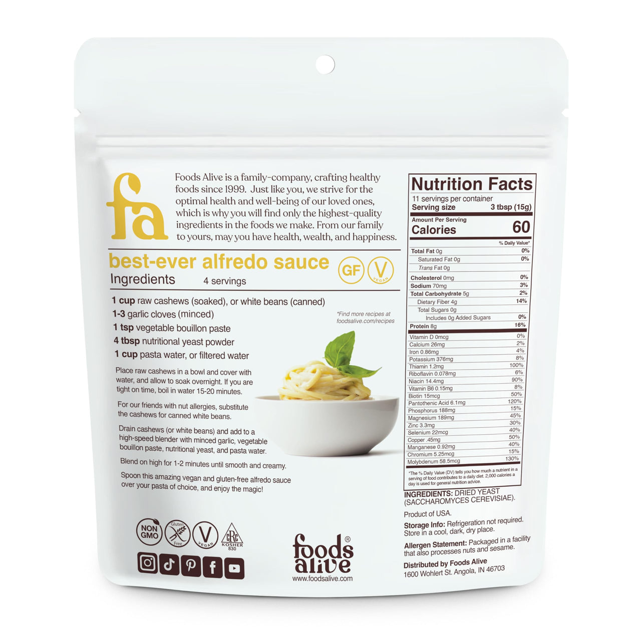 Foods Alive Nutritional Yeast Flakes – 6oz Pouch | Non-Fortified, Vegan, Gluten-Free, Non-GMO | Dairy-Free Cheese Substitute, Plant-Based Protein & Fiber