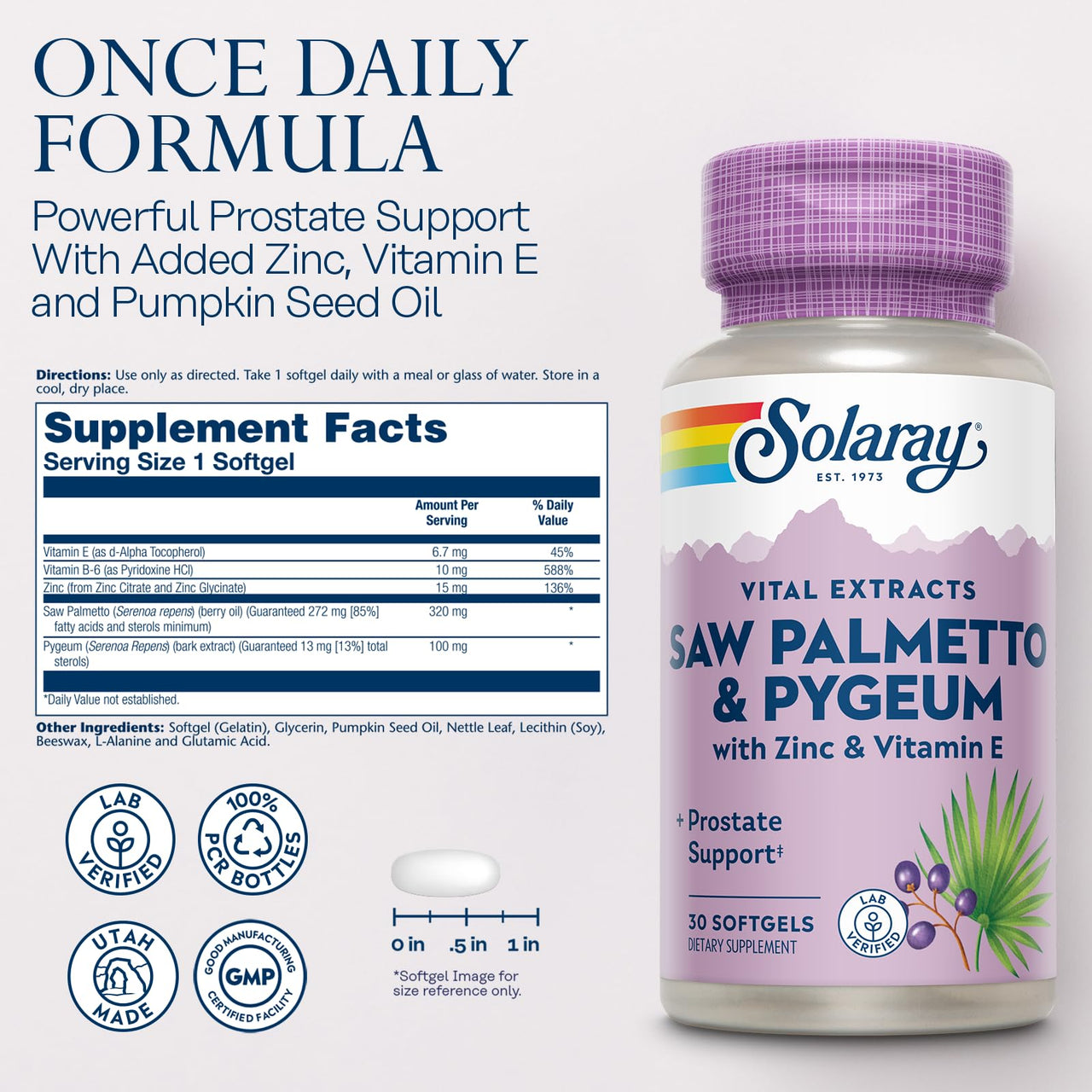 SOLARAY Saw Palmetto and Pygeum - Saw Palmetto for Men w/Pygeum Bark, Zinc, Vitamin E, Pumpkin Seed Oil - Prostate Supplements for Men w/Beta Sitosterol - 60-Day Guarantee - 30 Servings, 30 Softgels