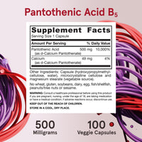 Thumbnail for Jarrow Formulas Pantothenic Acid B5 500 mg, Dietary Supplement, Vitamin B5 for Adrenal Hormone Support and Cellular Energy Metabolism, 100 Veggie Capsules, 100 Day Supply
