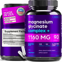 Thumbnail for Magnesium Glycinate 1160mg + Aloe Vera, D3 & K2 Complex 90 Capsules - High Absorption, Non-Laxative - Supports, Muscle Function & Healthy Metabolism Chelated Formula
