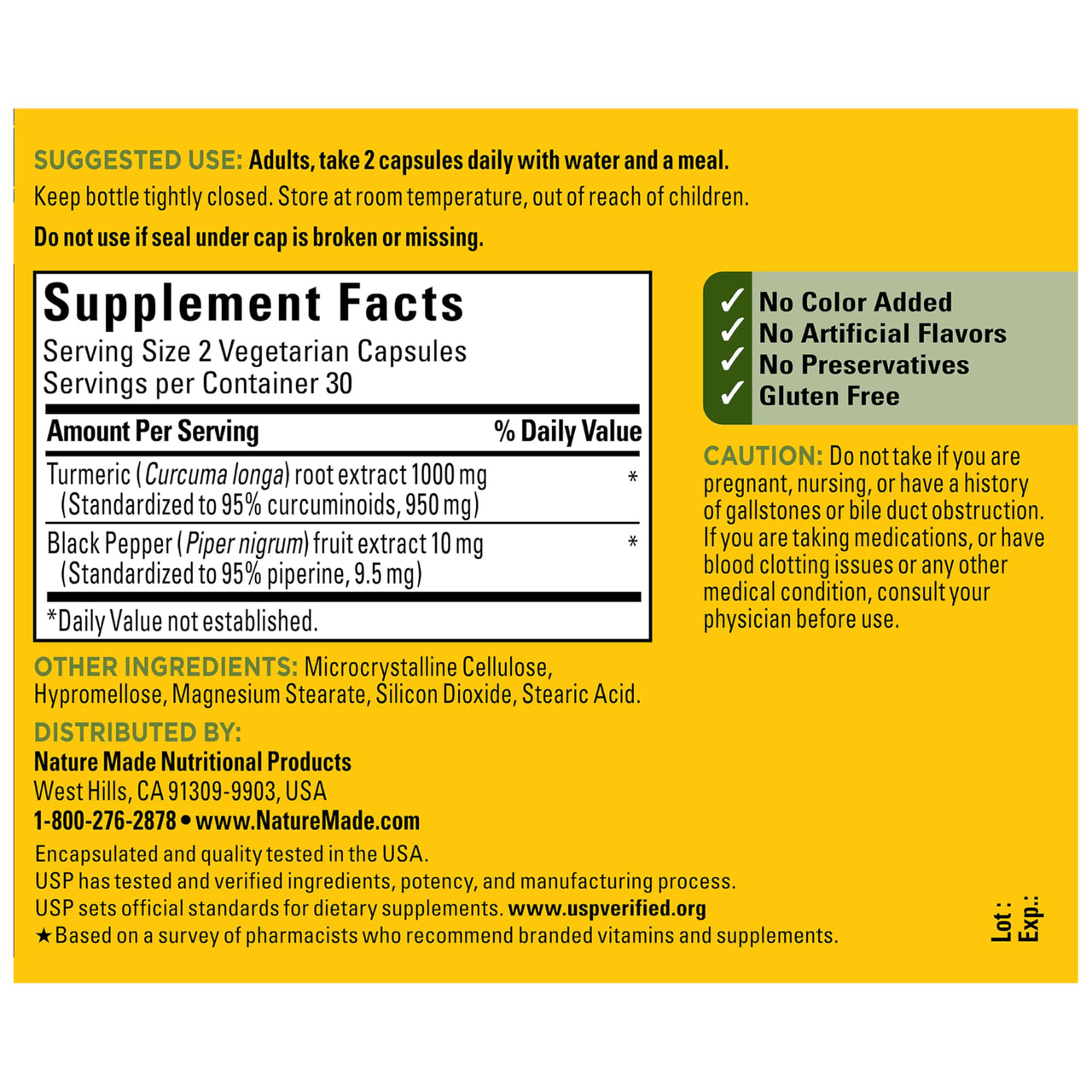 Nature Made Extra Strength Turmeric Curcumin with Black Pepper, 1000mg Turmeric Extract per serving (Standardized to 95% Curcuminoids), Supports Healthy Inflammation Response, 60 Vegetarian Capsules