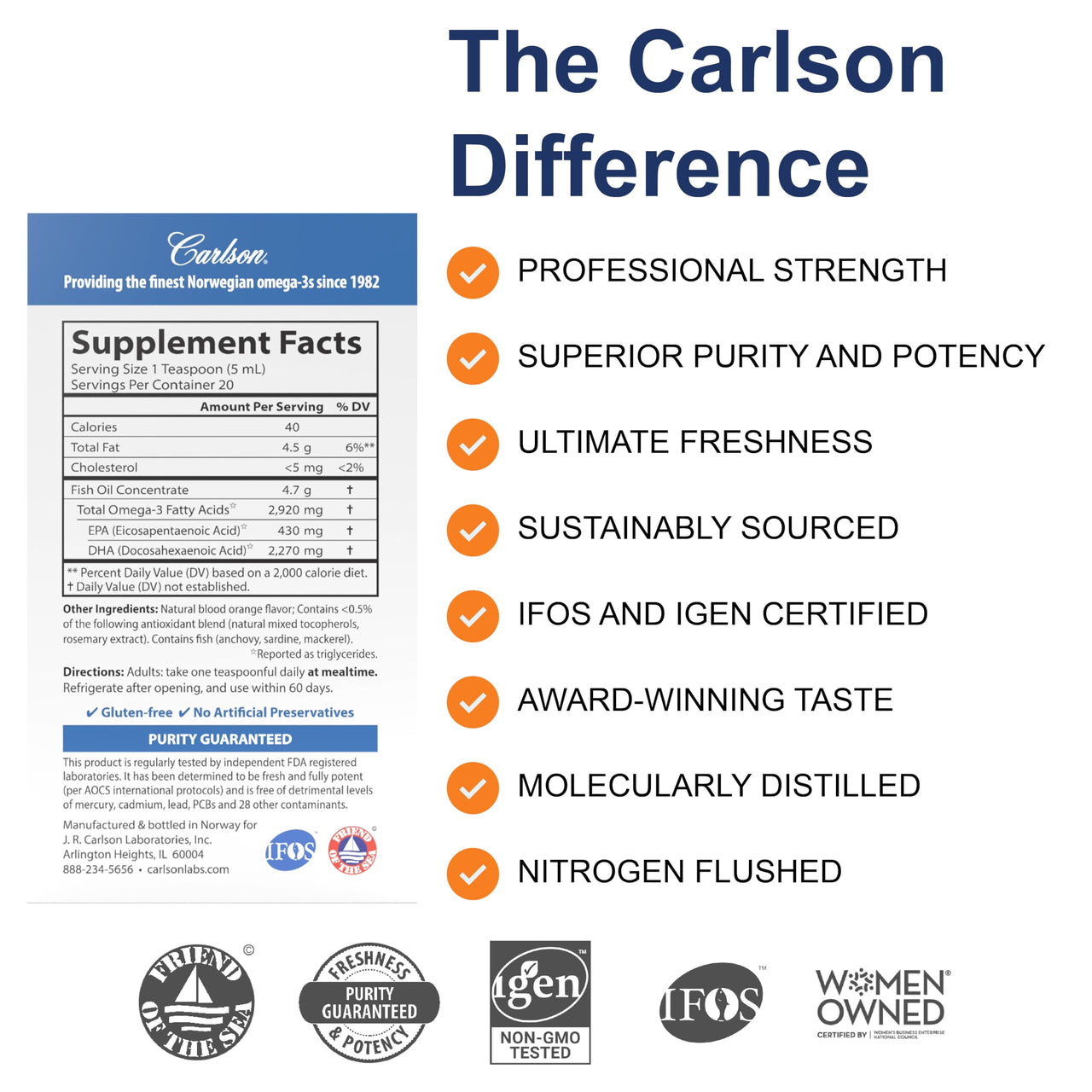 Carlson - Elite DHA, 2270 mg DHA, Professional Strength, Norwegian Fish Oil Concentrate, Cognitive Function & Vision Support, Orange, 100 mL