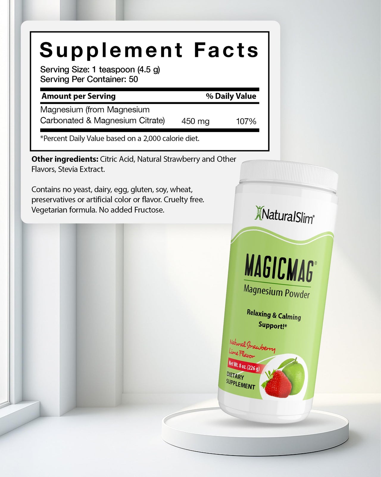 NaturalSlim MagicMag Magnesium Citrate Powder Drink for Relaxation, Stress, Constipation, Better Rest & Digestive Health, Magnesium Supplement for Women and Men, Strawberry & Lime Flavored 8oz