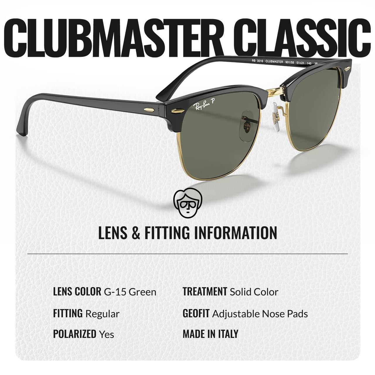 Ray-Ban RB3016 CLUBMASTER CLASSIC POLARIZED Square Shaped Sunglasses for Men & Women – Includes Official Rayban Eyewear Kit – Ideal Formal & Casual Wear Sunglasses – G-15 Green Lens