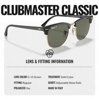 Thumbnail for Ray-Ban RB3016 CLUBMASTER CLASSIC POLARIZED Square Shaped Sunglasses for Men & Women – Includes Official Rayban Eyewear Kit – Ideal Formal & Casual Wear Sunglasses – G-15 Green Lens