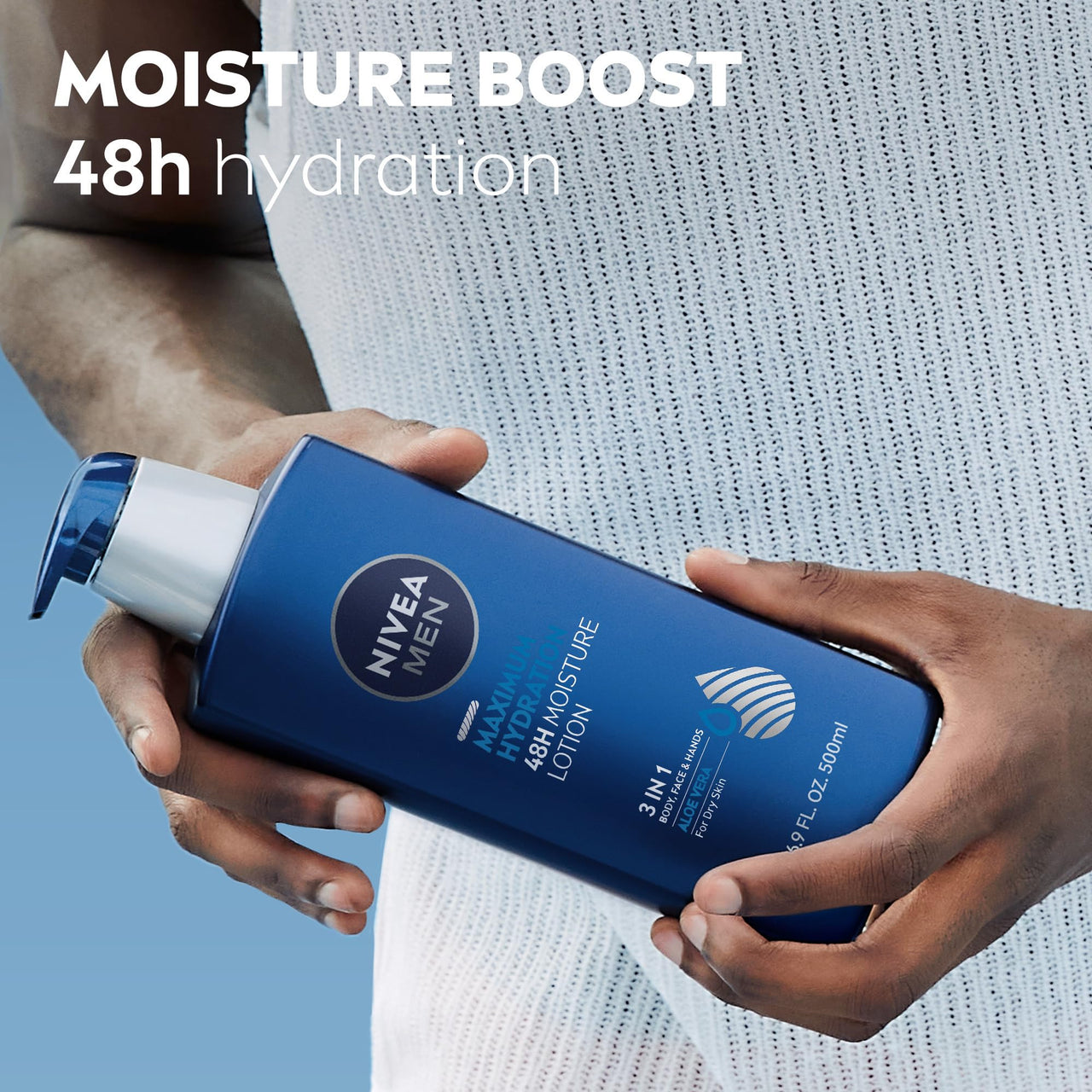 NIVEA MEN Maximum Hydration 48-Hour Moisture Body Lotion for Dry Skin, Aloe Vera Lotion for Men, 3-in-1 Body, Face and Hands, Dermatologically-Tested, 16.9 Fl Oz Bottle