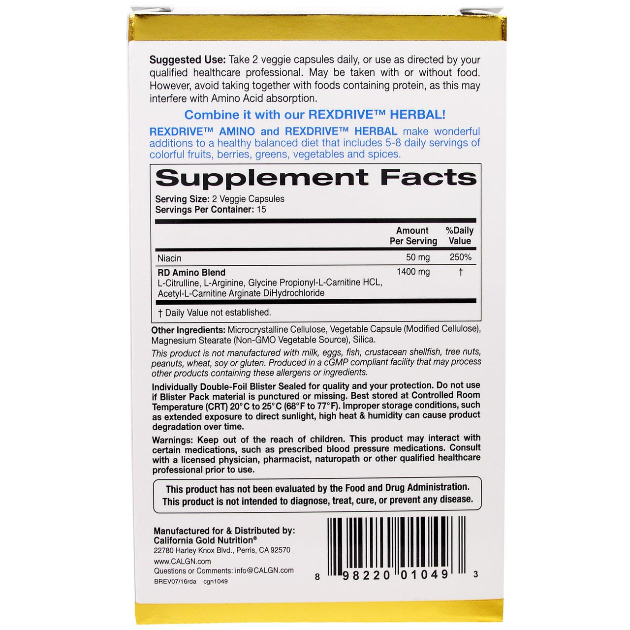 California Gold Nutrition, Rexdrive Amino, Men's Formula - L-Citrulline, L-Arginine, L-Carnitine, Niacin, 30 Veggie Capsules