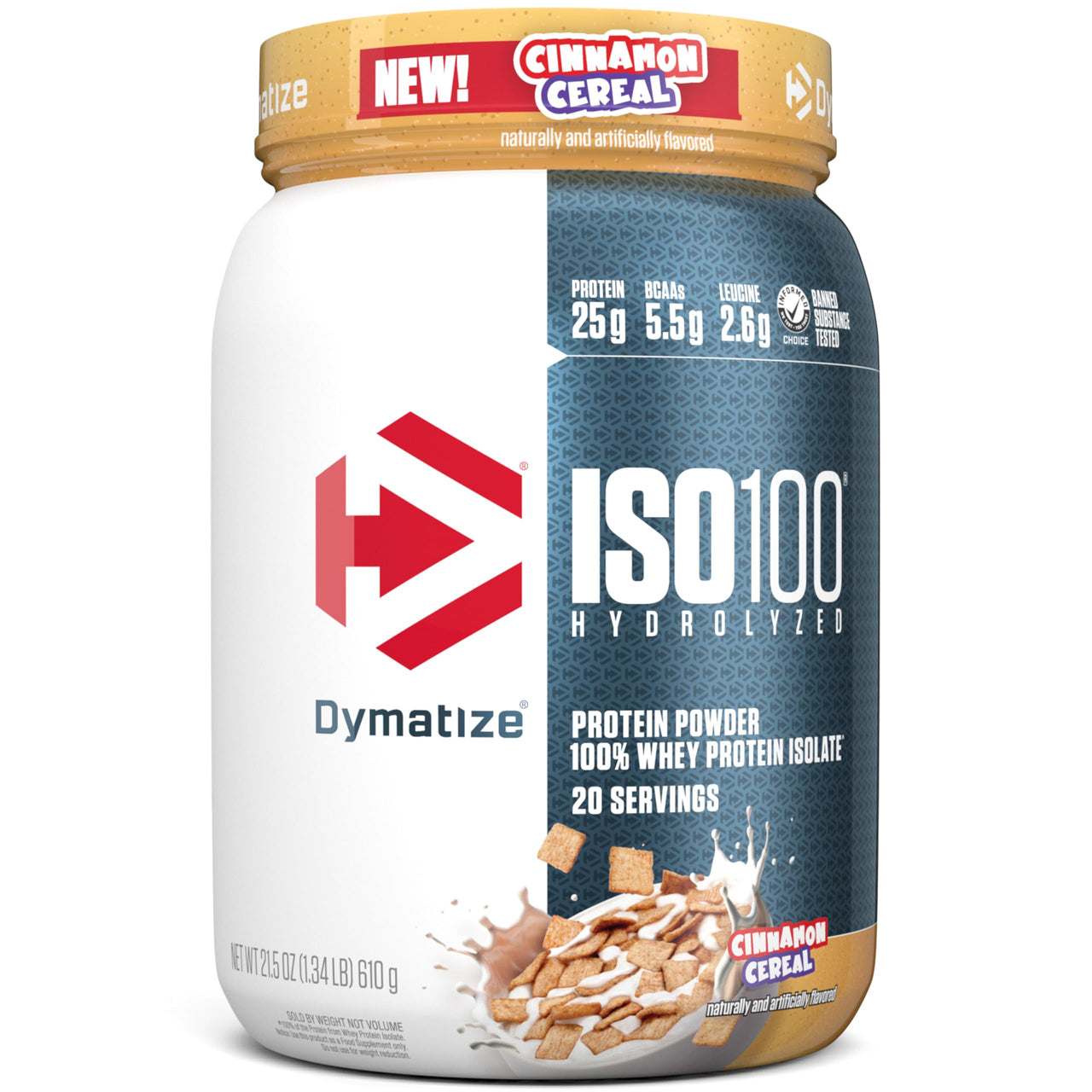 Dymatize ISO100 Whey Protein Powder Isolate, Cinnamon Cereal, 25g of Protein, 5.5g BCAAs, Less Than 120 Cal., Gluten Free, 1g Fat, 1g Sugar, 2g Carb (20 Servings)