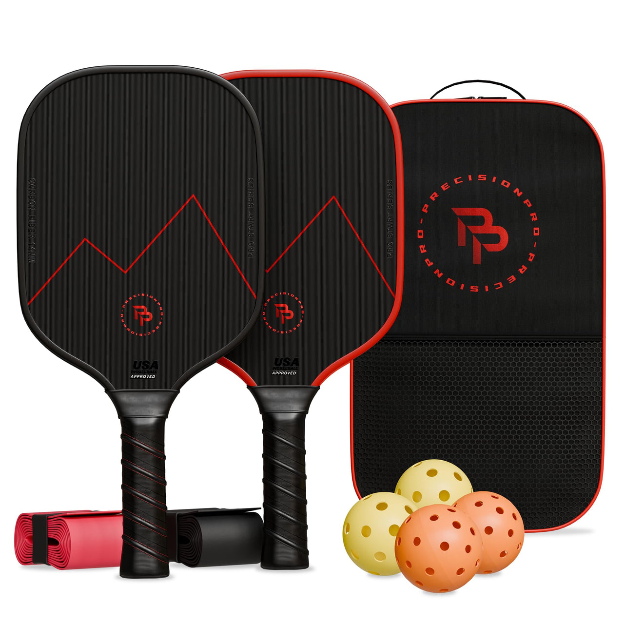 Precision Pro Premium Carbon Fiber Pickleball Paddle- 14mm Pickleball Paddles Set of 2 w/Unique Design Handles & Indoor Outdoor Pickleball Balls - Comfortable Pickleball Paddle Grip, USA Approved