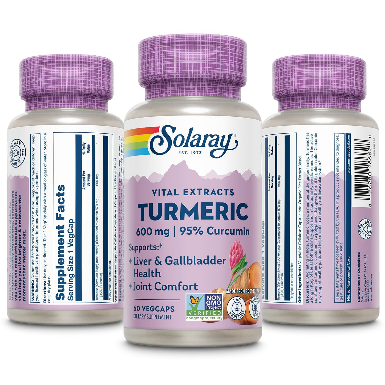 SOLARAY Turmeric Supplement 600mg - Turmeric Root with 95% Curcumin - Joint Support Supplement - Joint Health, Gallbladder and Liver Support, Non-GMO, Vegan, Gluten Free, 60-Day Guarantee, 60 Servings