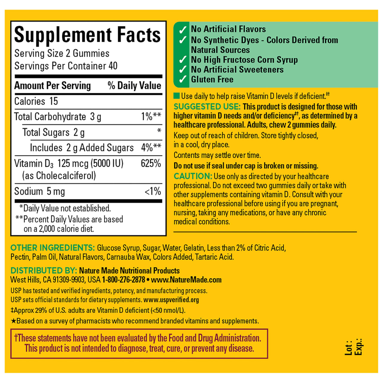 Nature Made Vitamin D3 5000 IU Per Serving Gummies Extra Strength, Bone and Immune Health Support, 80 Vitamin D Gummies for Adults, 40 Day Supply