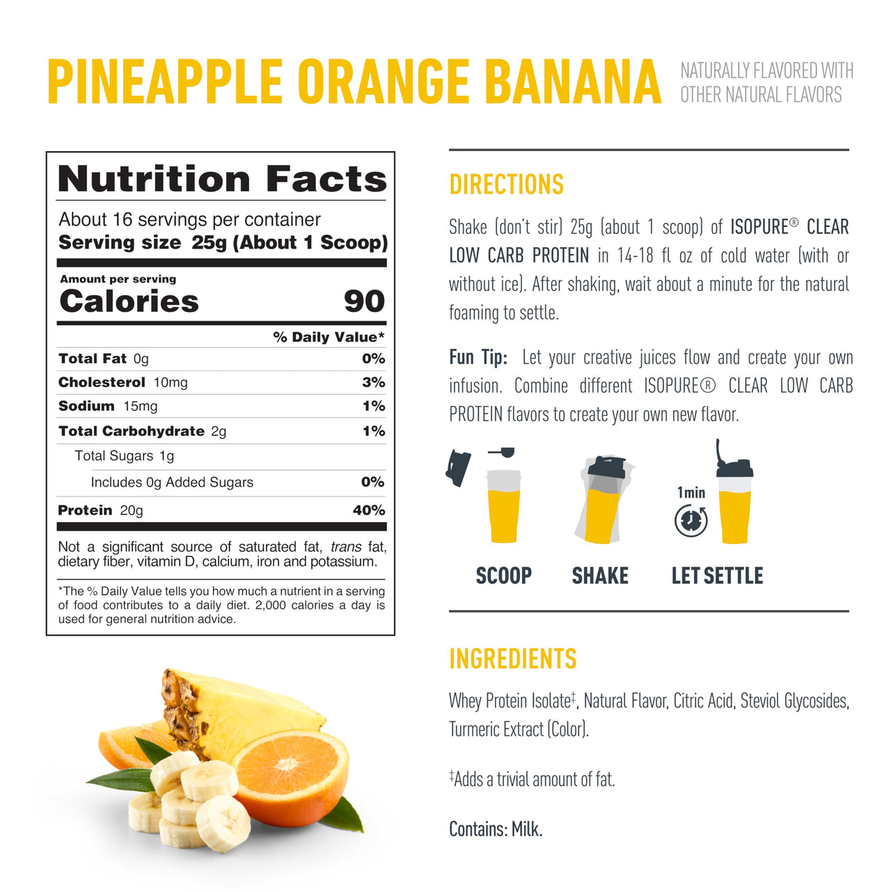 Isopure Clear Whey Isolate Protein Powder, Lactose Free, Gluten Free, Naturally Flavored, Pineapple Orange Banana, 20g Protein Per Serving, 14.1 Oz, 16 Servings (Packaging May Vary)