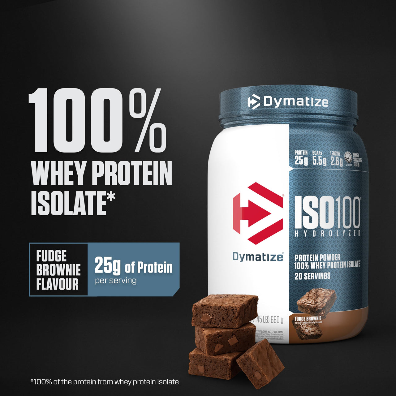 Dymatize ISO100 Whey Protein Powder Isolate, Fudge Brownie, 25g of Protein, 5.5g BCAAs, Less Than 120 Cal., Gluten Free, 1g Fat, 1g Sugar, 2g Carb (20 Servings)