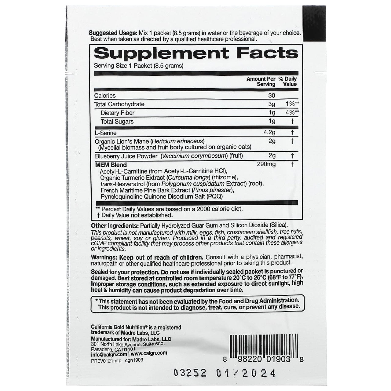 California Gold Nutrition MEM Food, Memory and Cognitive Support, Individual Packet, 0.3 oz (8.5 g)