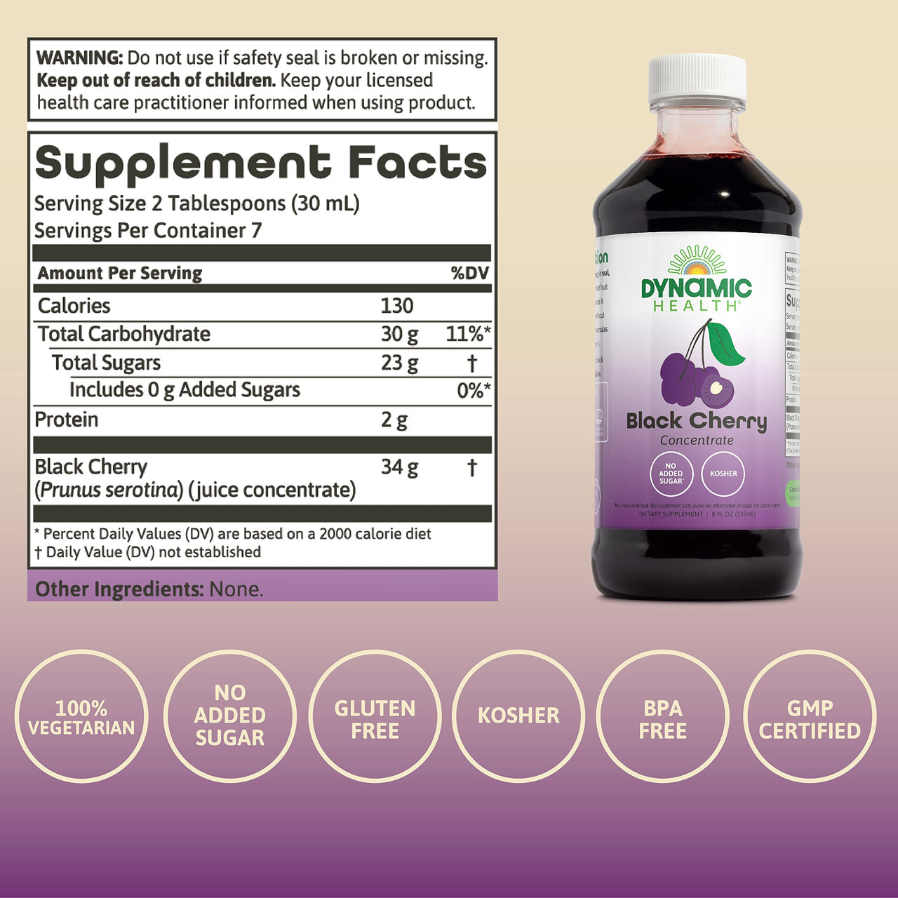 Dynamic Health Pure Black Cherry Unsweetened 100% Juice Concentrate, No Additives or Preservatives, Antioxidant, 8oz (Packaging Varies)