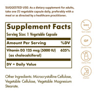 Thumbnail for Solgar Vitamin D3 (Cholecalciferol) 125 mcg (5000 IU), 240 Vegetable Capsules - Helps Maintain Healthy Bones & Teeth - Immune System Support - Non-GMO, Gluten Free - 240 Total Servings