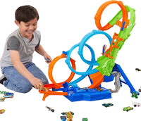 Thumbnail for Hot Wheels Track Set with 4 Loops, 3-Way Crash Zone & Motorized Booster, Folds for Storage, with 1:64 Scale Toy Car