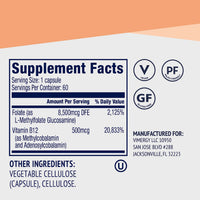 Thumbnail for Vimergy 5-MTHF Capsules – 60 Servings (1 Capsule/Serving) 8500mcg L-Methylfolate Glucosamine and 500 mcg Vitamin B12 Supplement –Bioavailable Folate Supplement for Women and Men Vegan 5 mthf (60 ct)