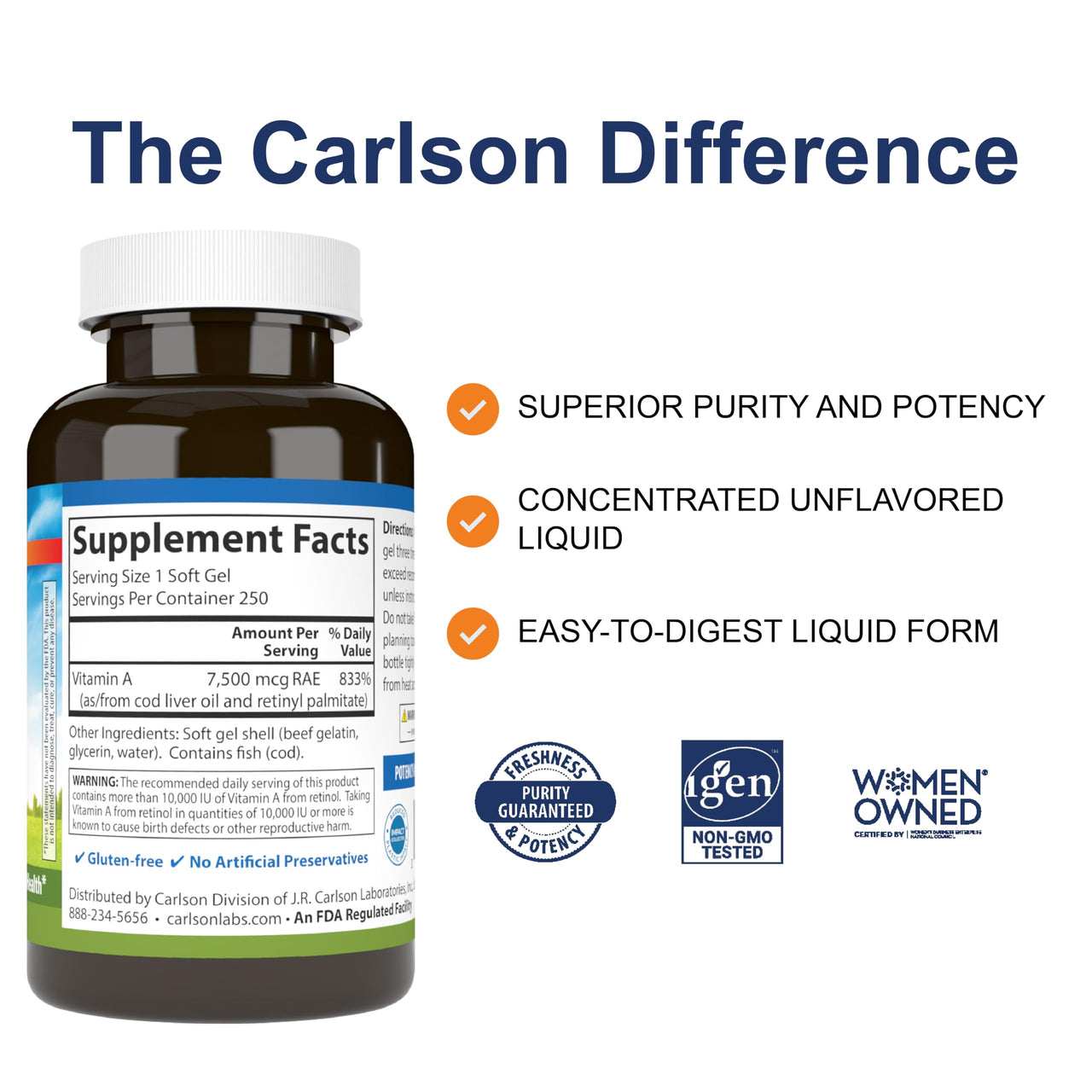 Carlson - Vitamin A, 25000 IU (7500 mcg RAE), Immune Support, Vision Health, Antioxidant, Vitamin A Supplements, 250 Softgels